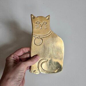 Vintage 70s midcentury solid brass sitting cat trivet. Cat lovers gift.